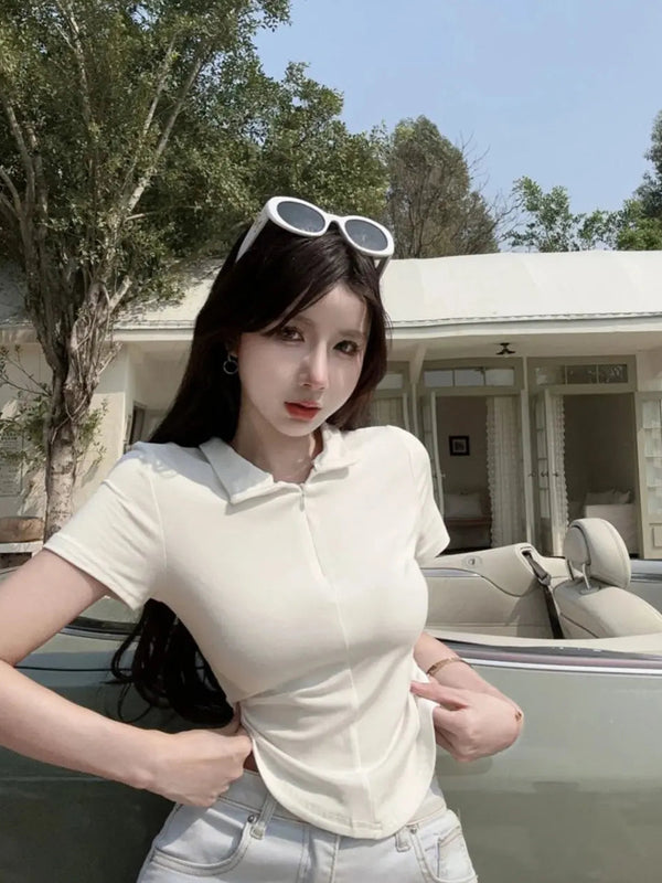 Istyle Can White Polyester Women's Top Solid Short Sleeve Ribbed Asymmetric Hem Casual T-Shirt Istyle Can