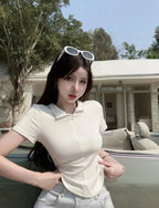 Istyle Can White Polyester Women's Top Solid Short Sleeve Ribbed Asymmetric Hem Casual T-Shirt Istyle Can