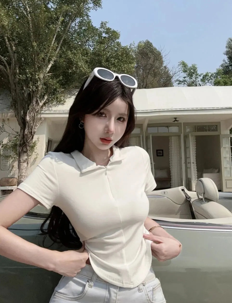 Istyle Can White Polyester Women's Top Solid Short Sleeve Ribbed Asymmetric Hem Casual T-Shirt Istyle Can