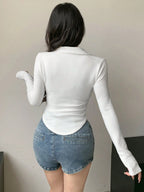 Istyle Can White Women's Top Solid Long Sleeve Ribbed Asymmetric Hem Casual T-Shirt Istyle Can