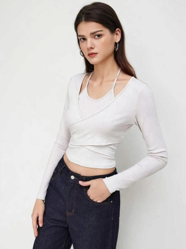 Istyle Can White Women’s Halter Neckline Knotted Cross-Wrap Crop Top My Store