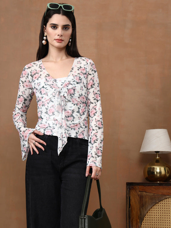 Istylecan Women's Floral Mesh Top - White & Pink Bell Sleeve V-Neck Blouse