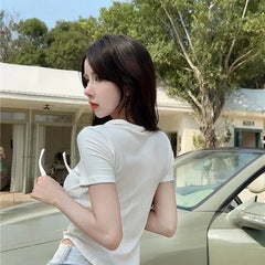 Istyle Can White Polyester Women's Top Solid Short Sleeve Ribbed Asymmetric Hem Casual T-Shirt Istyle Can