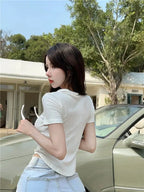 Istyle Can White Polyester Women's Top Solid Short Sleeve Ribbed Asymmetric Hem Casual T-Shirt Istyle Can