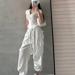 Istyle Can White Polyester Women's Top Solid Short Sleeve Ribbed Asymmetric Hem Casual T-Shirt Istyle Can