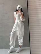 Istyle Can White Polyester Women's Top Solid Short Sleeve Ribbed Asymmetric Hem Casual T-Shirt Istyle Can