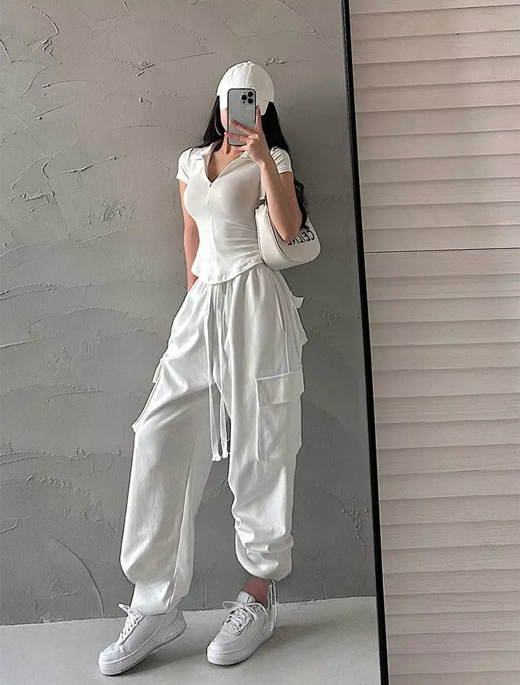 Istyle Can White Polyester Women's Top Solid Short Sleeve Ribbed Asymmetric Hem Casual T-Shirt Istyle Can