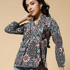 Istyle Can Green Jaipuri Cotton Women's Regular Fit Mandarin Collar Full Sleeve Printed Top My Store