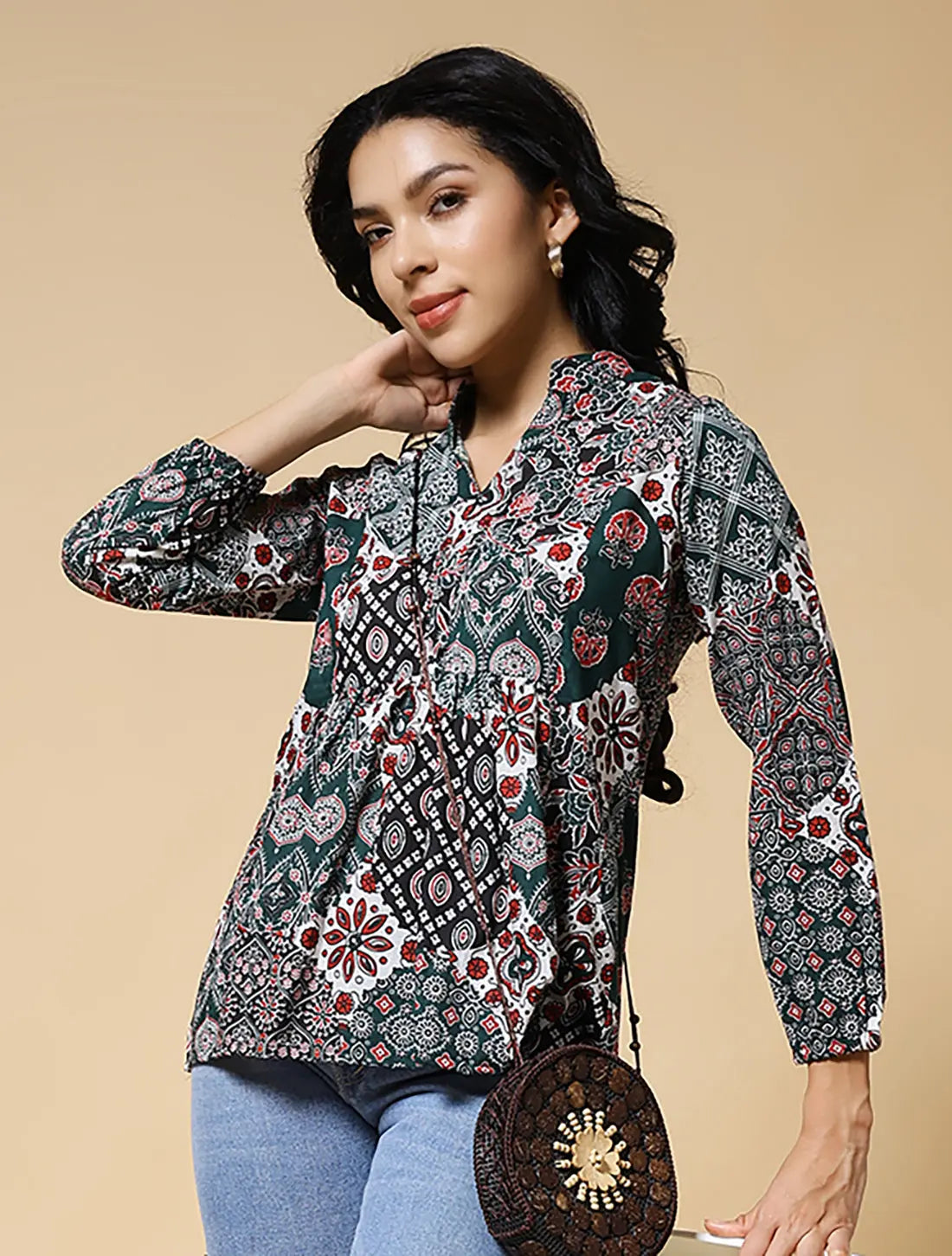 Istyle Can Green Jaipuri Cotton Women's Regular Fit Mandarin Collar Full Sleeve Printed Top My Store