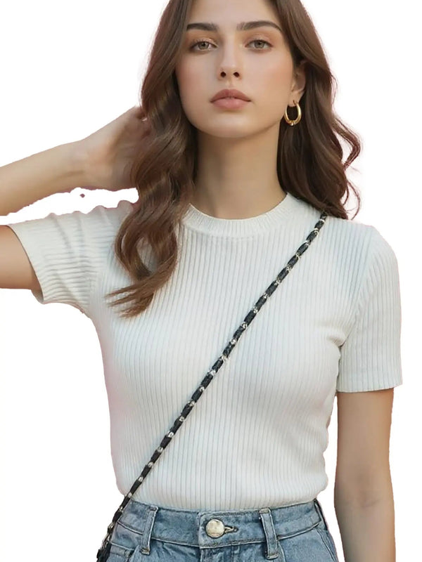 White Women’s Slim Fit Solid Rib Knit Stretchable Top Istyle Can