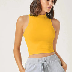 Women's & Girls Mustard Solid Mock Neck Rib/Knit Sleeveless Stretchable Slim Fit Crop Tank Top Istyle Can