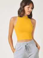 Women's & Girls Mustard Solid Mock Neck Rib/Knit Sleeveless Stretchable Slim Fit Crop Tank Top Istyle Can