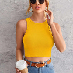 Women's Crew Neck Sleeveless Solid Rib Knit Mustard Crop Tank Top Istyle Can