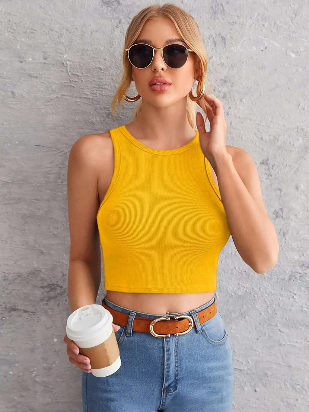 Women's Crew Neck Sleeveless Solid Rib Knit Mustard Crop Tank Top Istyle Can