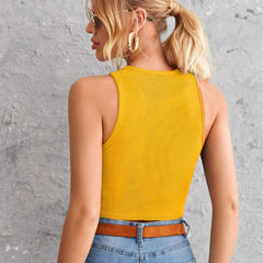 Women's Crew Neck Sleeveless Solid Rib Knit Mustard Crop Tank Top Istyle Can