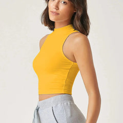 Women's & Girls Mustard Solid Mock Neck Rib/Knit Sleeveless Stretchable Slim Fit Crop Tank Top Istyle Can