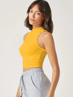 Women's & Girls Mustard Solid Mock Neck Rib/Knit Sleeveless Stretchable Slim Fit Crop Tank Top Istyle Can