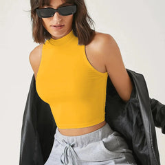 Women's & Girls Mustard Solid Mock Neck Rib/Knit Sleeveless Stretchable Slim Fit Crop Tank Top Istyle Can