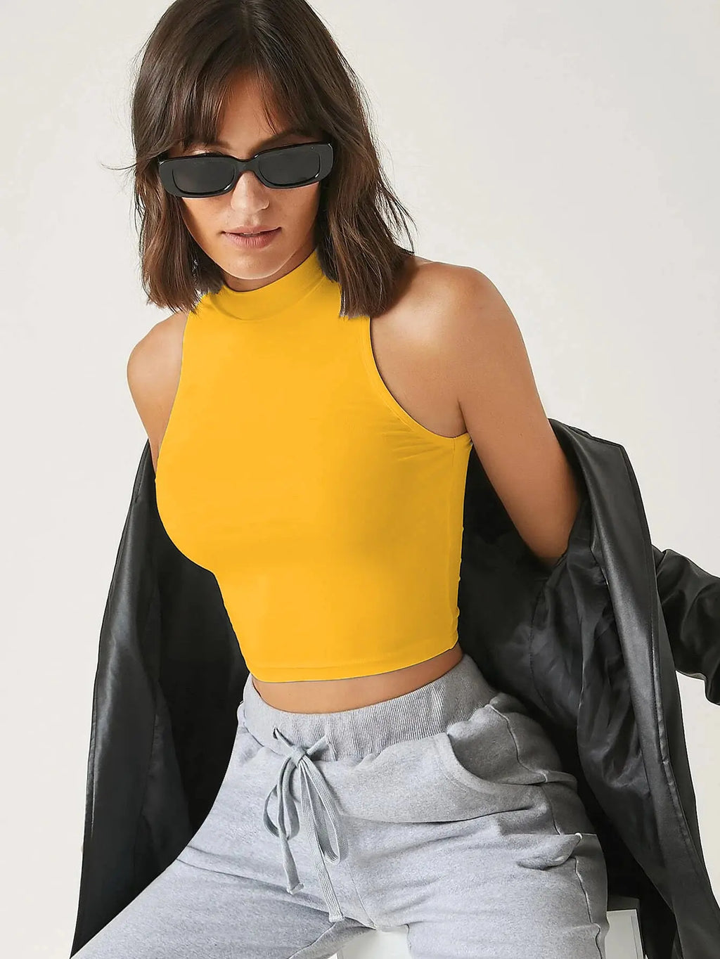 Women's & Girls Mustard Solid Mock Neck Rib/Knit Sleeveless Stretchable Slim Fit Crop Tank Top Istyle Can