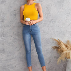 Women's Crew Neck Sleeveless Solid Rib Knit Mustard Crop Tank Top Istyle Can