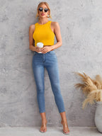 Women's Crew Neck Sleeveless Solid Rib Knit Mustard Crop Tank Top Istyle Can