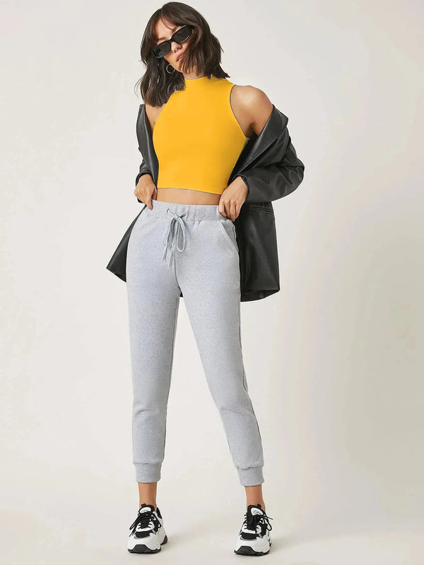 Women's & Girls Mustard Solid Mock Neck Rib/Knit Sleeveless Stretchable Slim Fit Crop Tank Top Istyle Can