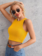 Women's Crew Neck Sleeveless Solid Rib Knit Mustard Crop Tank Top Istyle Can